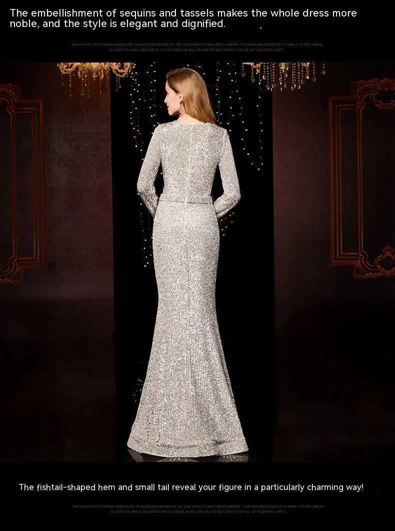 Temperament Banquet Ladies Sequined Annual Meeting Host Long Evening Dress - VAleG