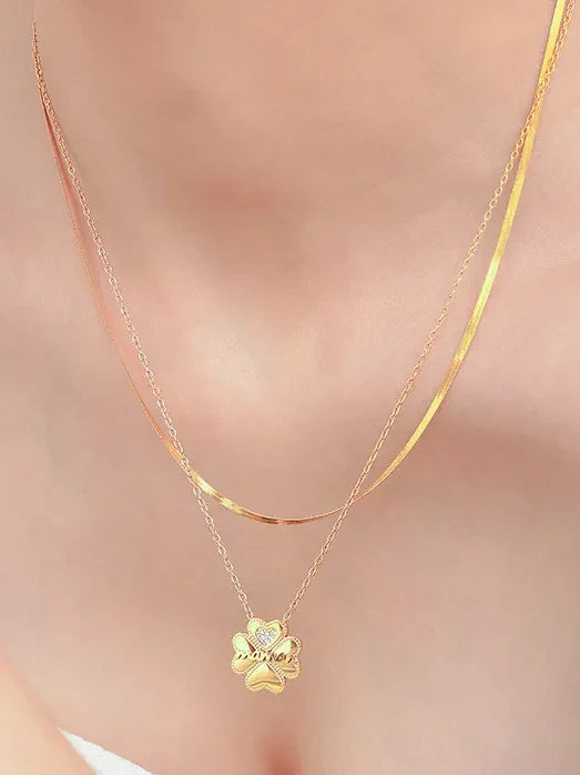 2 Piece 18K Gold-Plated Inlaid Zircon Lucky Clover Necklace - VAleG