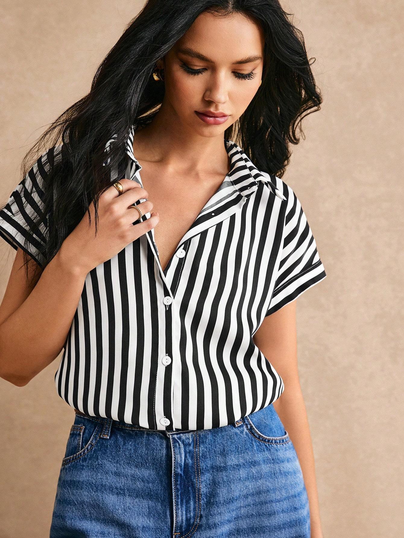 Chemise Rayures Manches Chauve-Souris Bouton - VAleG