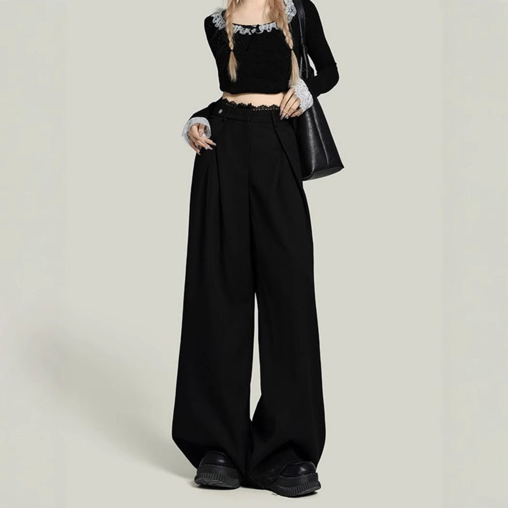 Pantaloni casual a gamba larga con cuciture in pizzo nero da donna
