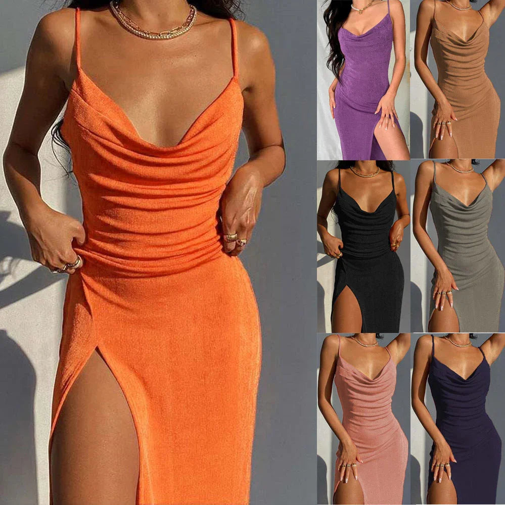 European And American Smooth Knitted Women's Slit Suspender Dress - VAleG