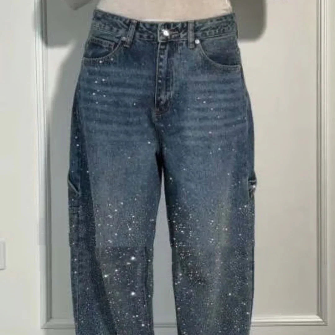 Ins Shiny Straight Jeans With Pockets Fashion Loose Wide-leg Pants For Women Street-style Trousers - VAleG