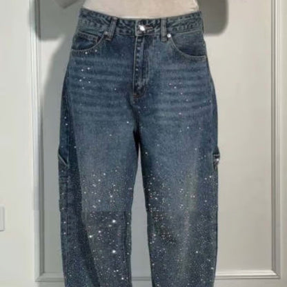 Ins Shiny Straight Jeans With Pockets Fashion Loose Wide-leg Pants For Women Street-style Trousers VAleG