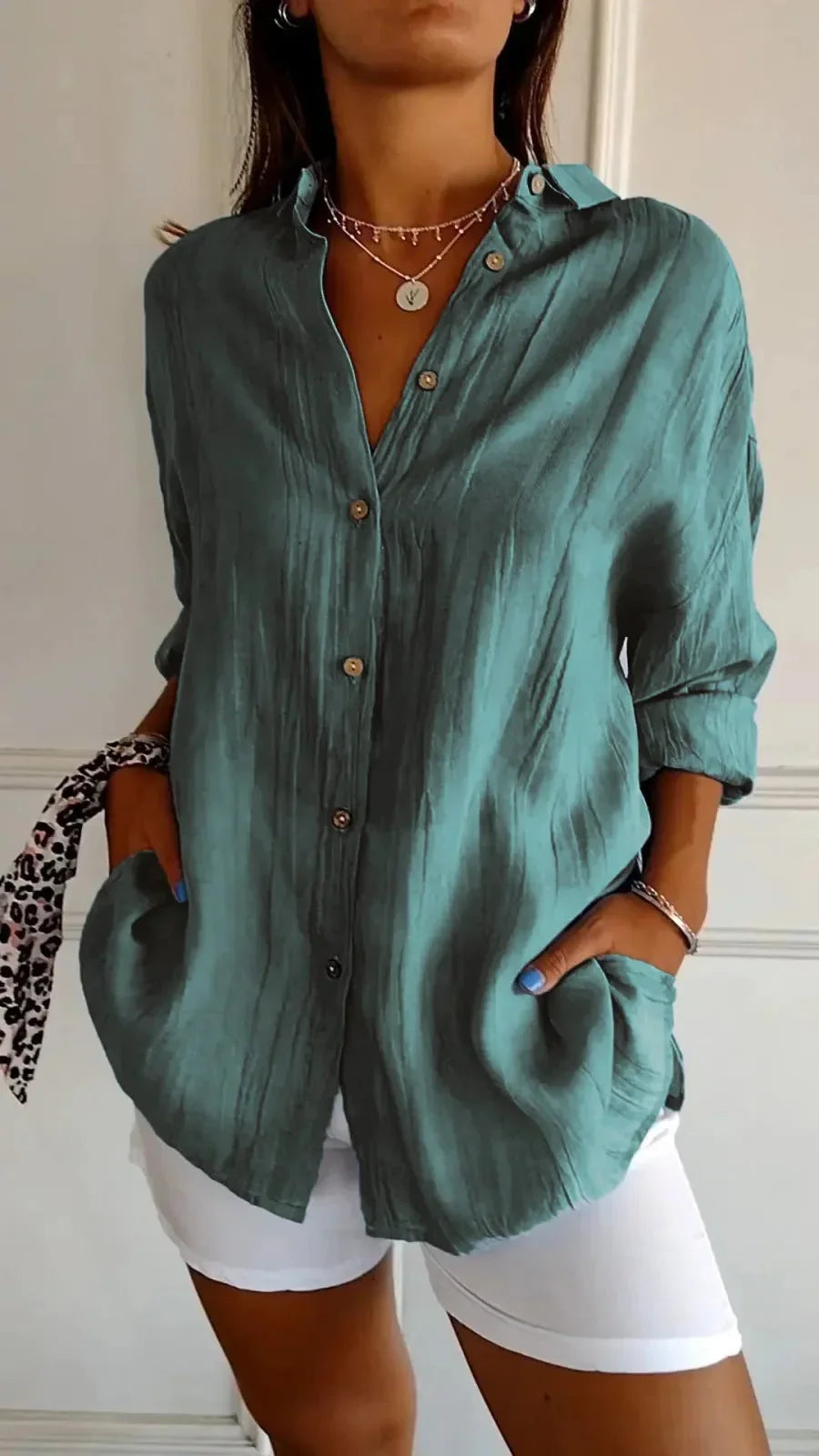 Lapel Long Sleeve Shirt Women's Single-breasted Pleated Shirt - VAleG