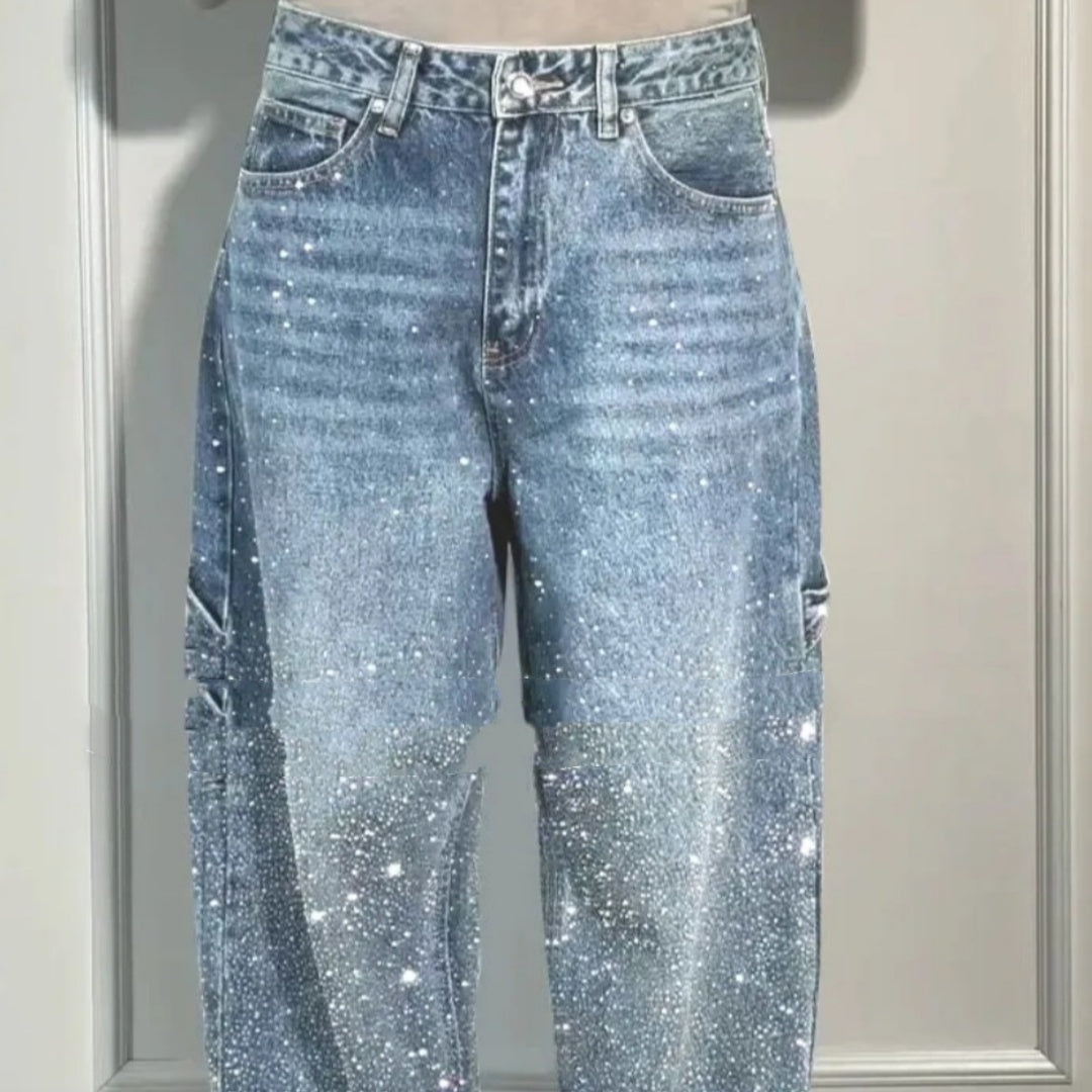 Ins Shiny Straight Jeans With Pockets Fashion Loose Wide-leg Pants For Women Street-style Trousers VAleG