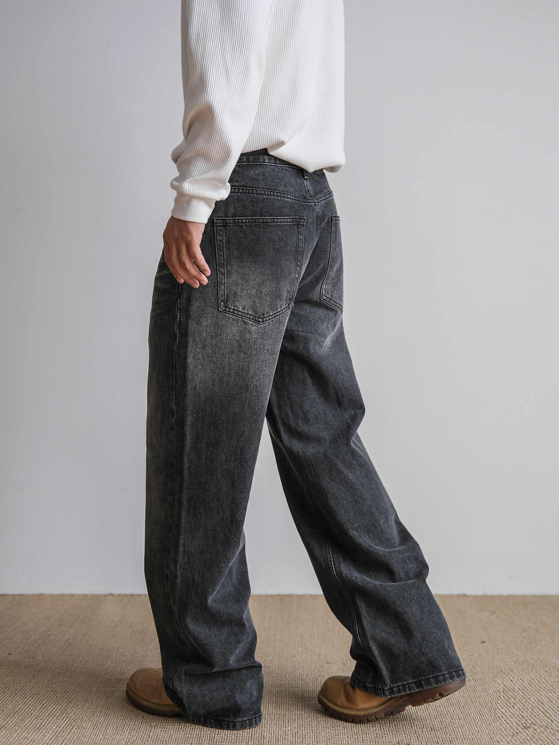 Men's Straight Retro Black Washed Jeans - VAleG