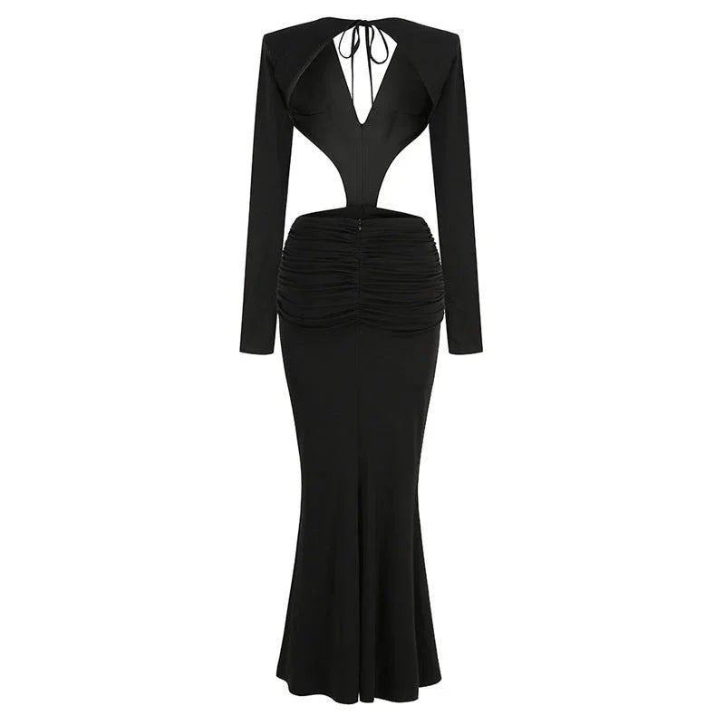 Sexy V-neck Backless Long Sleeves Skirt Waist Decorative Flower Split Fishtail Gown Dress Long - VAleG