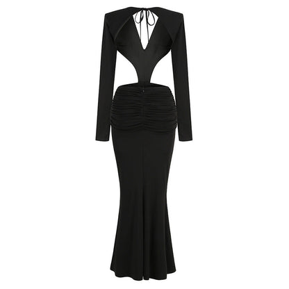Sexy V-neck Backless Long Sleeves Skirt Waist Decorative Flower Split Fishtail Gown Dress Long - VAleG