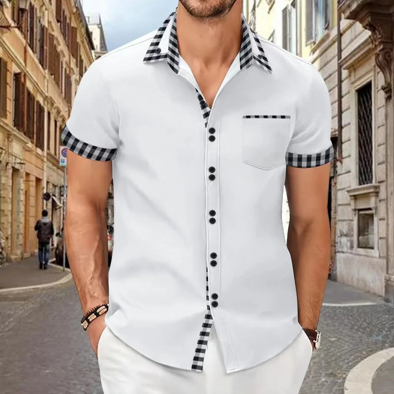 Men's Shirt Casual Pocket Stitching Contrast Color Top - VAleG