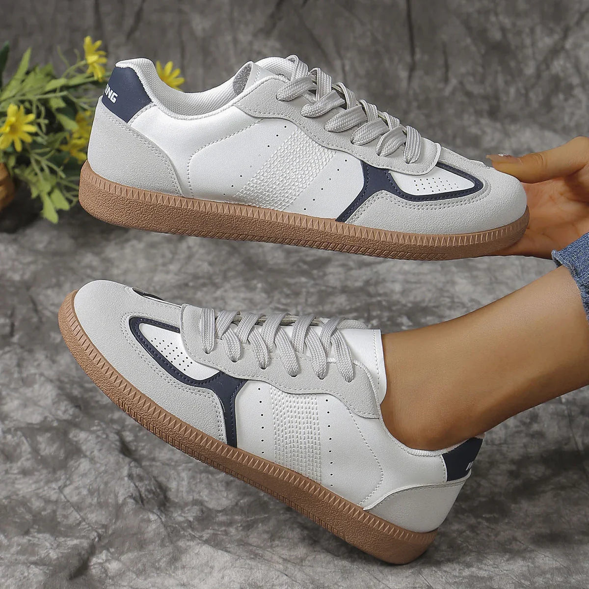 New Colorblock Lace-up Flats Shoes Fashion Breathable Hollow Slip On Casual Shoes For Women - VAleG