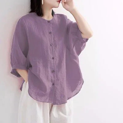Women's Retro Literary Cotton And Linen Shirt Lantern Sleeve Top Loose - VAleG
