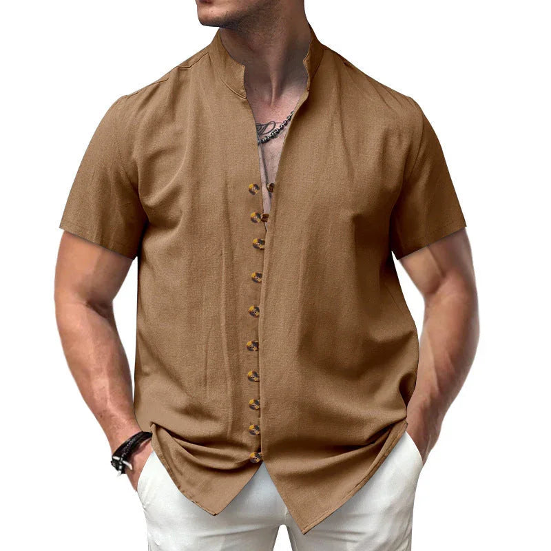 Linen Button Stand Collar Short Sleeve Shirt - VAleG