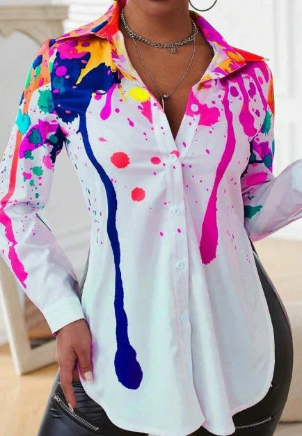 Spring And Autumn Leisure Ink-Splash Printed Side Slit Long Sleeve Shirt - VAleG