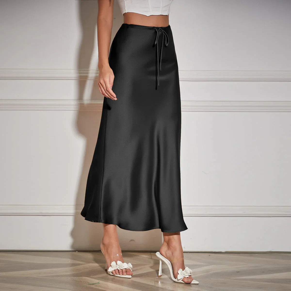 High Quality Satin Dress High Waist Drawstring Lace-up Solid Skirt Women - VAleG