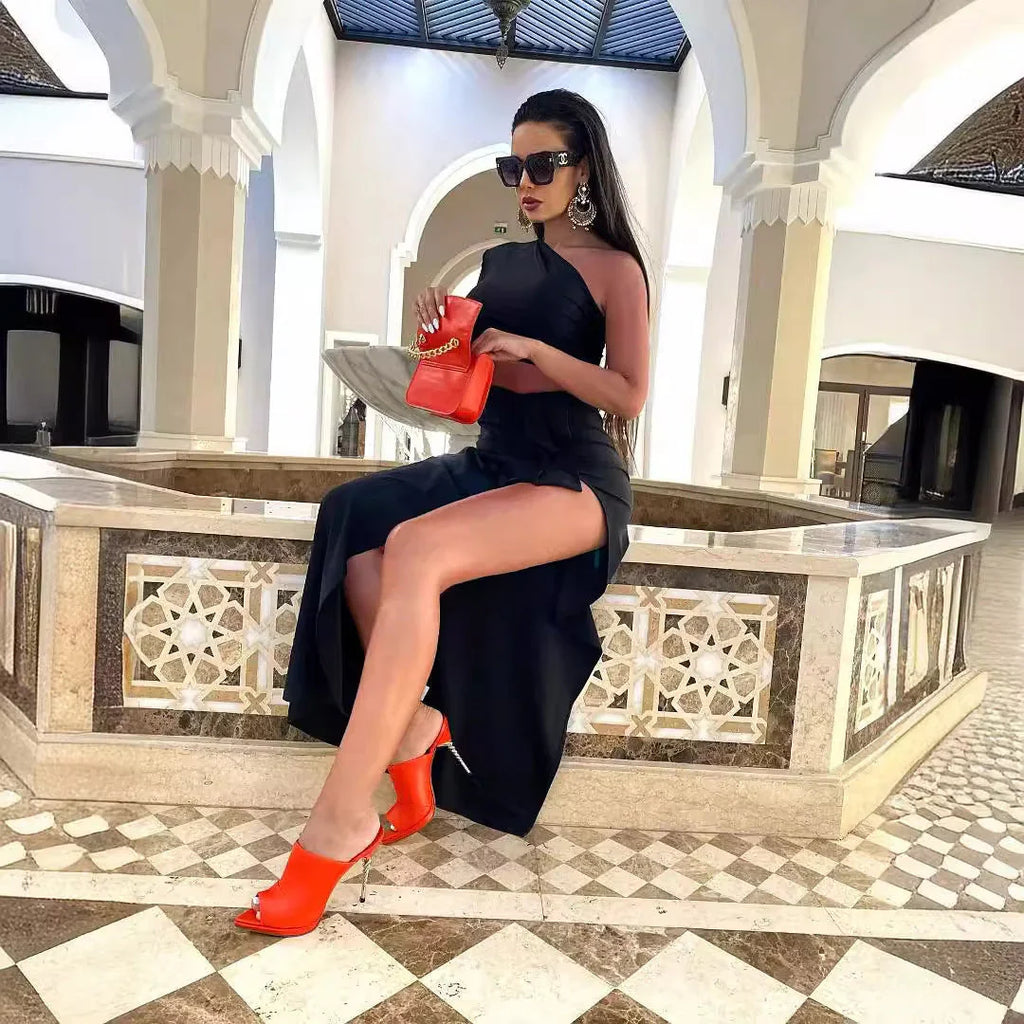Women's Long Sleeved Hollow Slit Elastic Sloping Shoulder Dress - VAleG