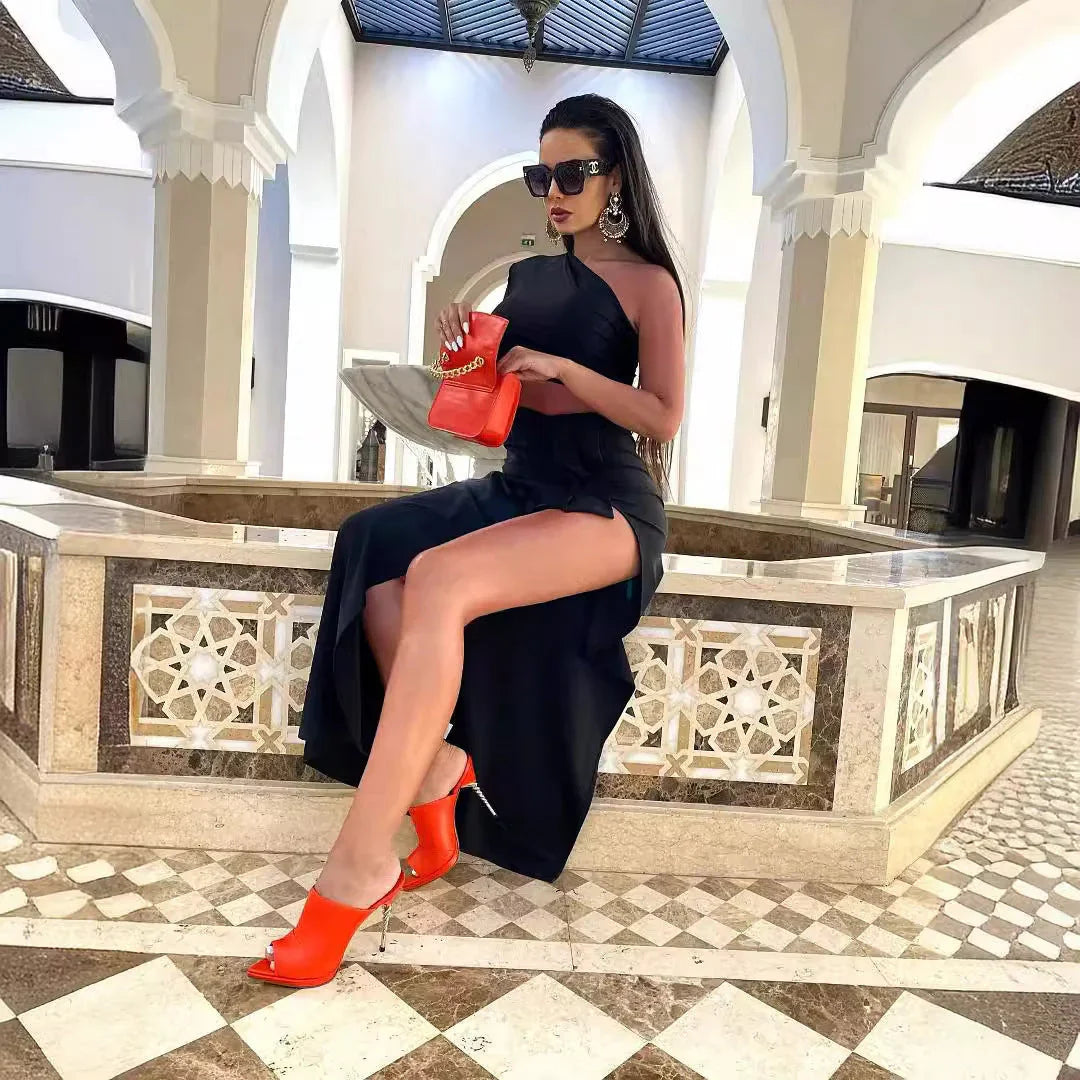Women's Long Sleeved Hollow Slit Elastic Sloping Shoulder Dress - VAleG