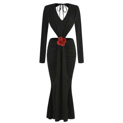 Sexy V-neck Backless Long Sleeves Skirt Waist Decorative Flower Split Fishtail Gown Dress Long - VAleG