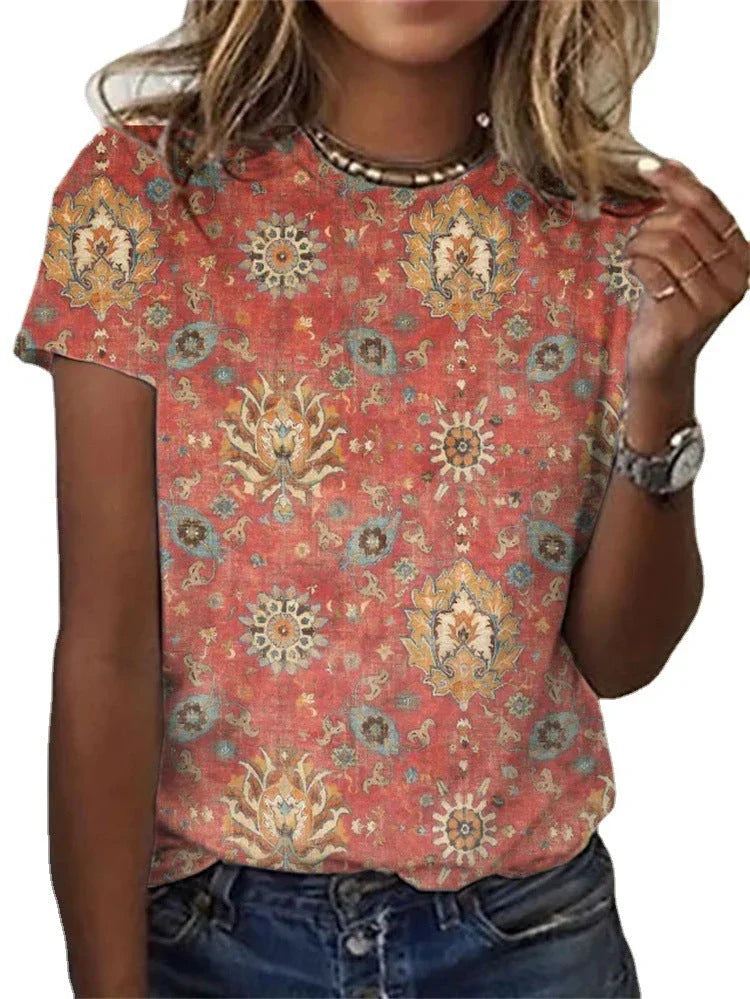 Round Neck Digital Print Short Sleeve Loose Women's T-Shirt - VAleG