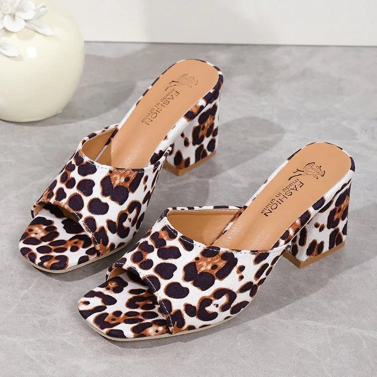 Leopard Square Toe Sandals Summer High-heeled Slippers Chunky Heel Shoes For Women - VAleG