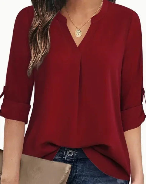 Chic Solid V-Neck Blouse - Fashionable Simplicity For Women - Relaxed Casual Long Sleeve Style - VAleG