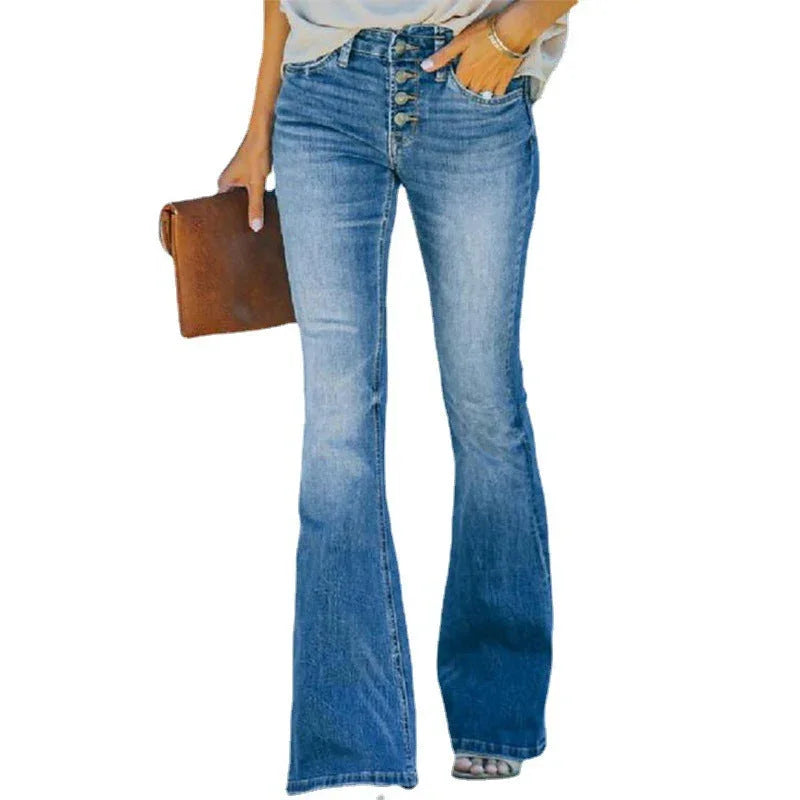 High Waist Bell Bottom Jeans Trendy Wear Washed Out Street Style Women's Denim Pants - VAleG