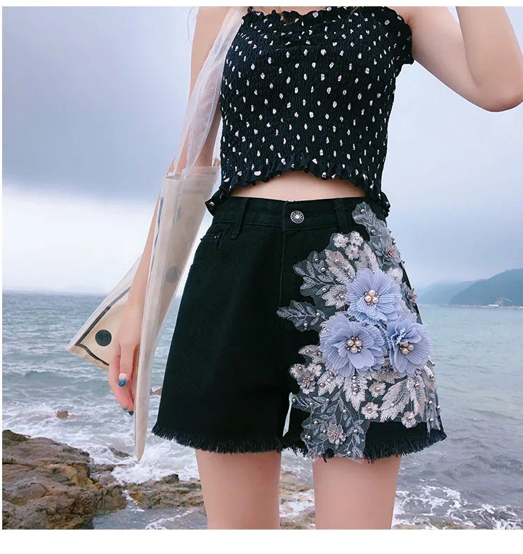 Pants Women's Spring And Summer New Heavy Industry Applique High Waist Denim Shorts - VAleG