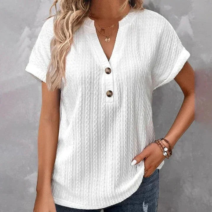 Women's Batwing Sleeve Solid Color And V-neck Button T-shirt - VAleG