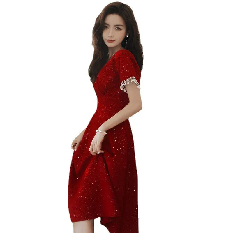 Toast Dress Bride Wine Red Wedding Dress Engagement Back Door Dress - VAleG