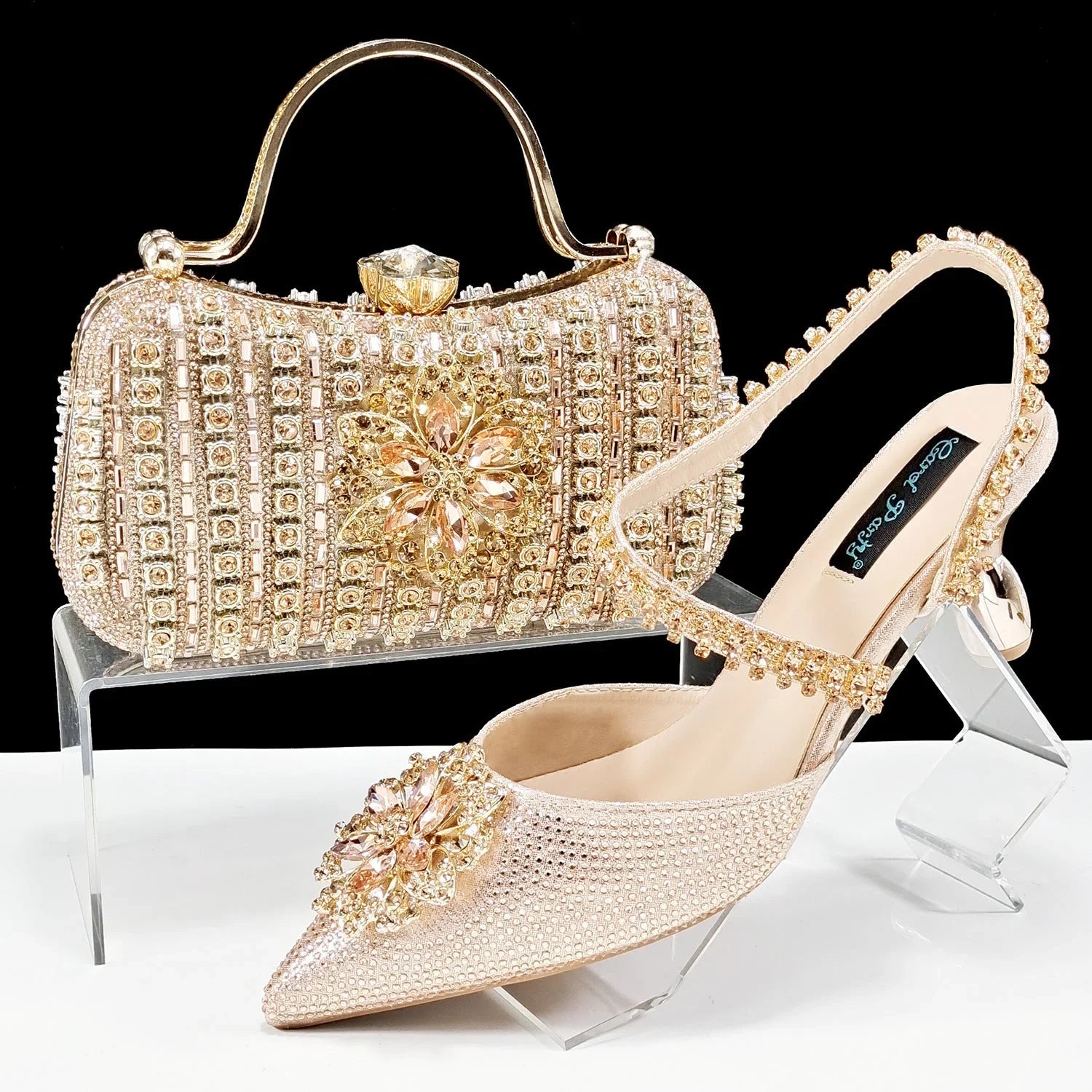 Sexy Women's Shoes And Bags Suit Drill Buckle Flower Decorative Ankle Drill Chain With Hard Clutch - VAleG