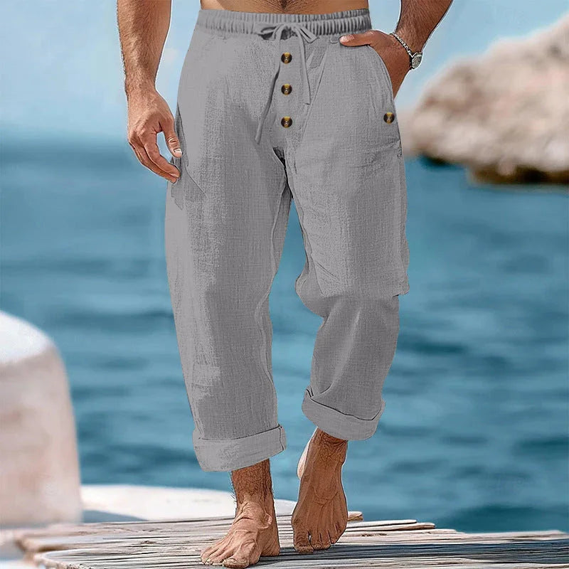 American Beach Pants Solid Color Cotton Linen Loose Drawstring Button Casual Trousers Men - VAleG