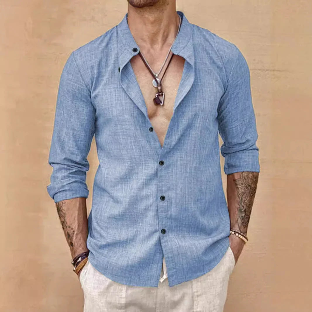 Stand Collar Long Sleeve Men's Cardigan Shirt Men's Top - VAleG