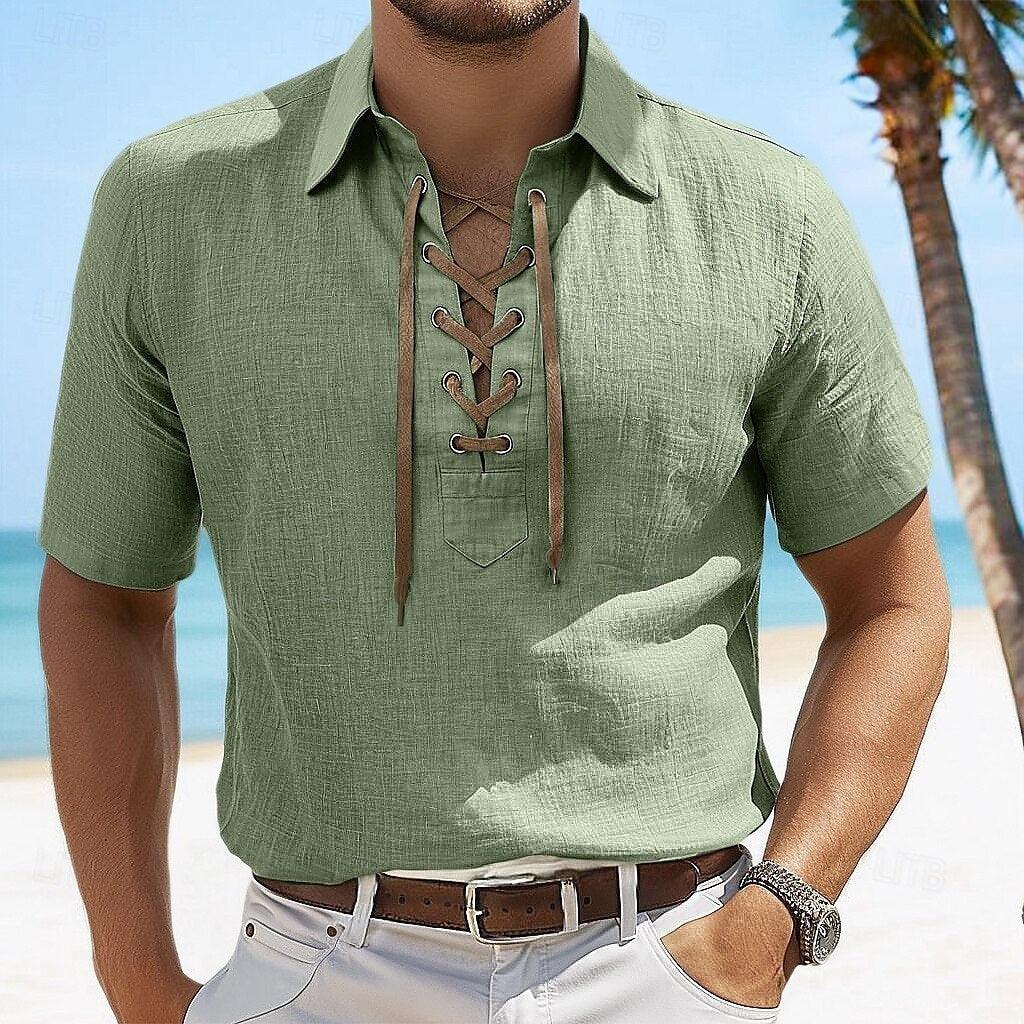 European And American Men's Cotton And Linen Lapel Loose V-neck Lace Shirt - VAleG