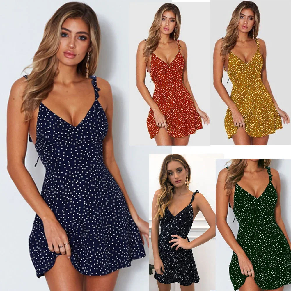 Polka-dot Strappy Dress Women Summer Fashion Beach Sundress - VAleG