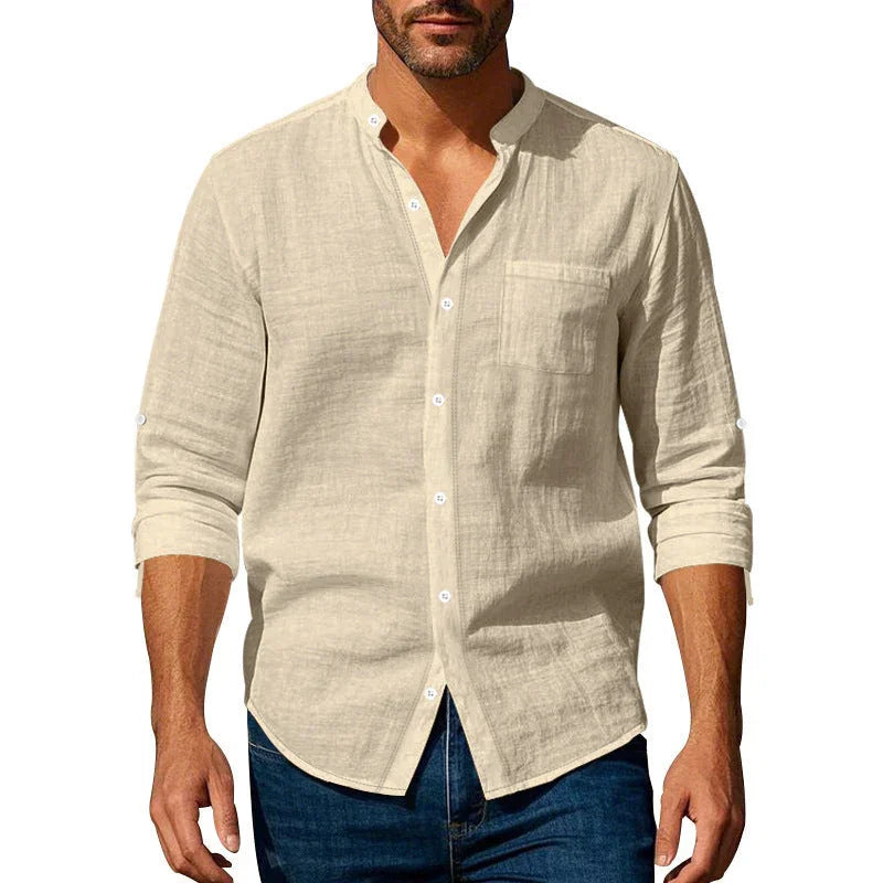 Long Sleeve Stand Collar Casual Men's Pocket Shirt - VAleG