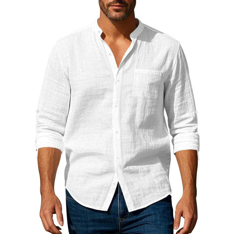 Long Sleeve Stand Collar Casual Men's Pocket Shirt - VAleG