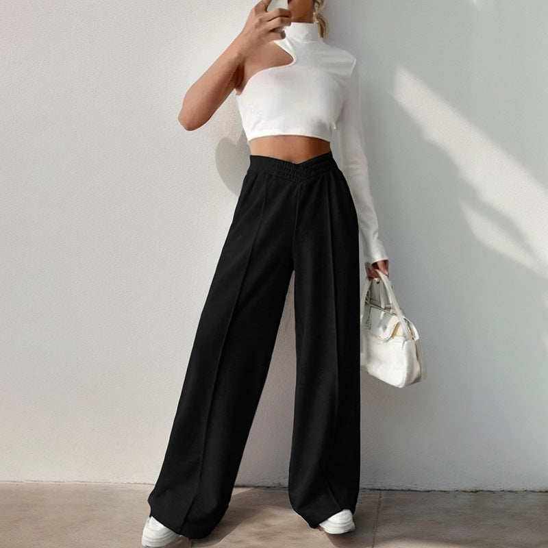 Pantaloni casual a gamba larga a vita alta a colore puro da donna