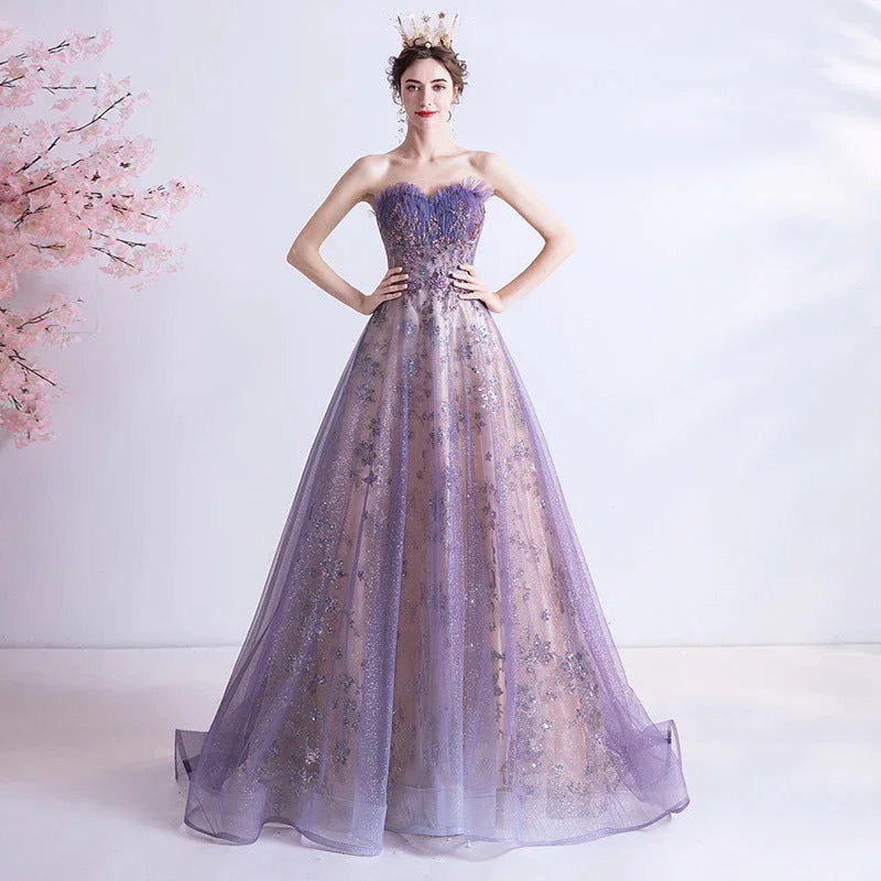 Strapless Purple Sequin Starry Dress Wedding Dress - VAleG