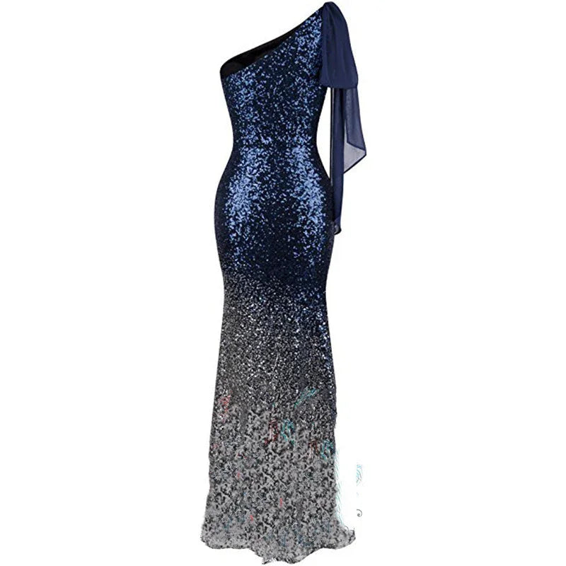 One Shoulder Fishtail Sequin Slim Fit Evening Dress - VAleG