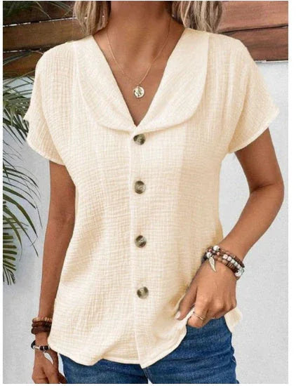 Summer Solid Color Fashion Short-sleeved Cardigan Button Women's Top - VAleG