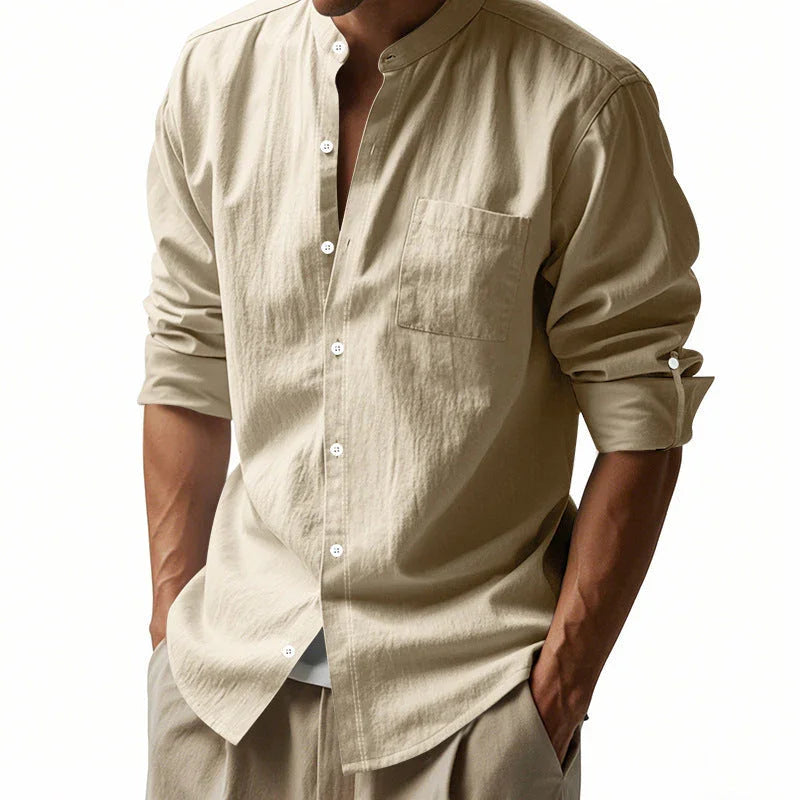 Long Sleeve Stand Collar Casual Men's Pocket Shirt - VAleG