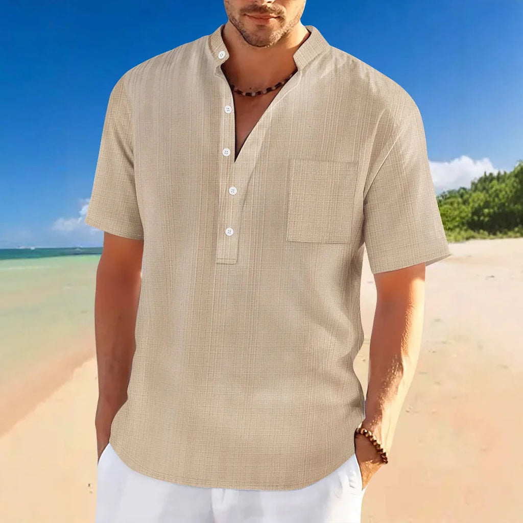 Stand Collar Short Sleeve Loose Leisure Vacation Henley Shirt - VAleG