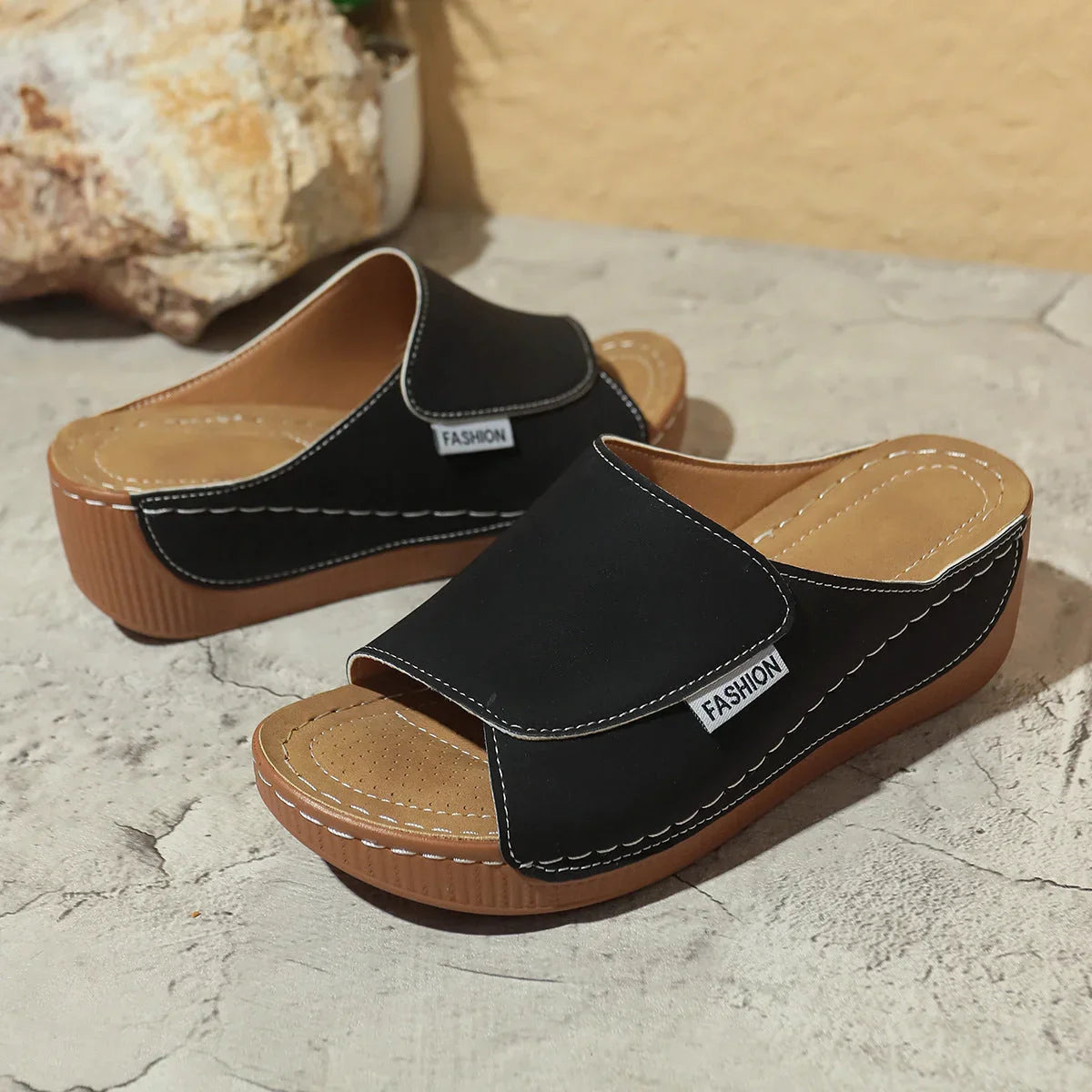 Summer Wedge Slides Slippers Fashion Fish Mouth Thick Bottom Roman Shoes Solid Color Beach Sandals For Women - VAleG