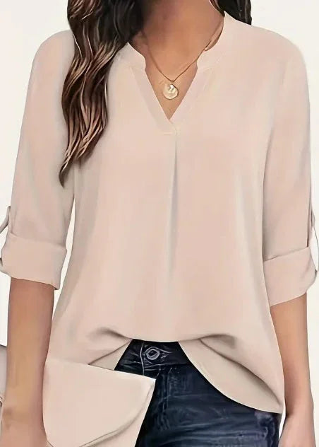 Chic Solid V-Neck Blouse - Fashionable Simplicity For Women - Relaxed Casual Long Sleeve Style - VAleG