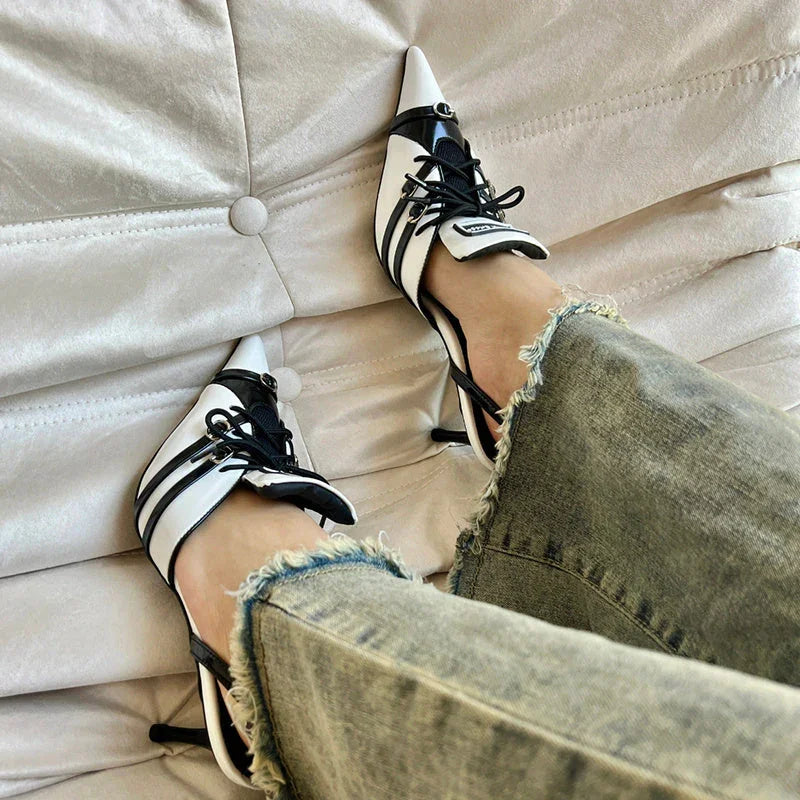 Retro Pointed Stiletto Heel Hollow Patent Leather Sandals For Women - VAleG