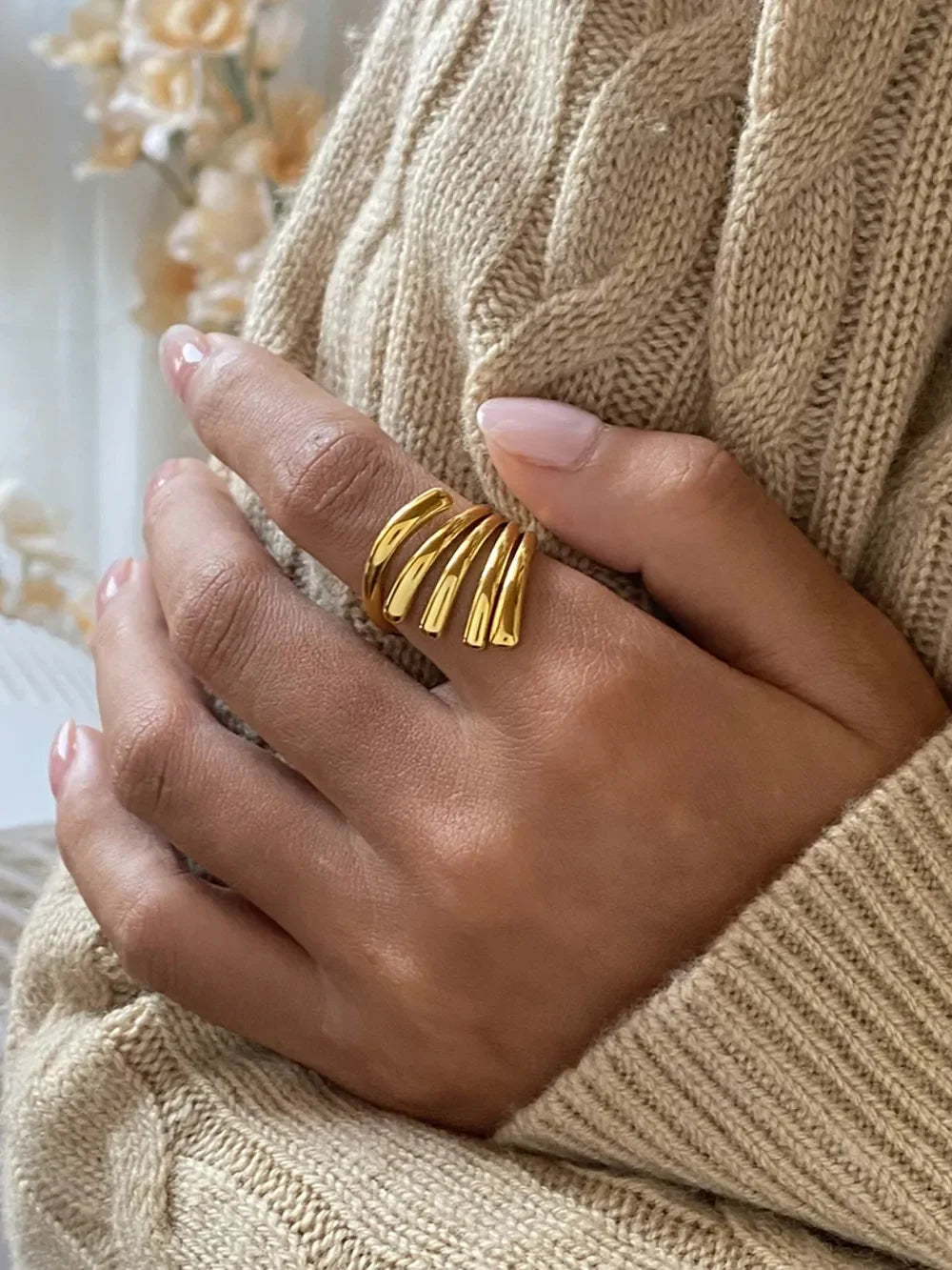 18K Gold-Plated Stainless Steel Irregular Lines Open Ring - VAleG