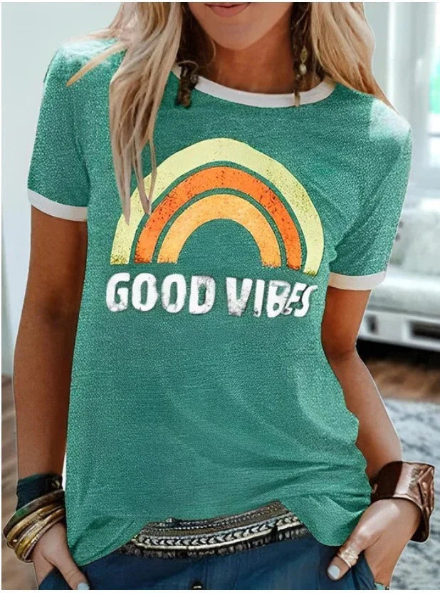 Women's Printed Round Neck Short Sleeve T-shirt - VAleG