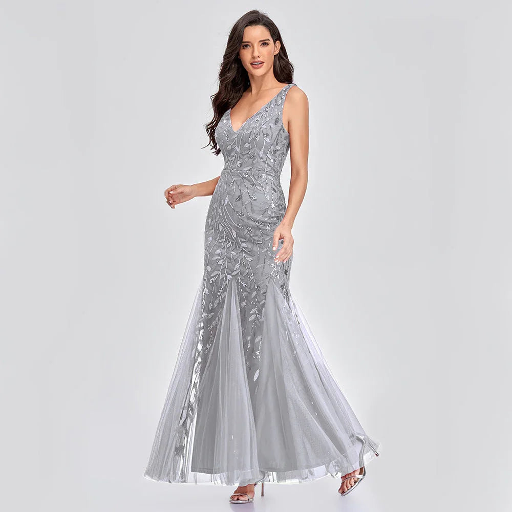 Sexy Long Dress Sleeveless V-neck Embroidered Sequin Slim Mermaid Dress - VAleG