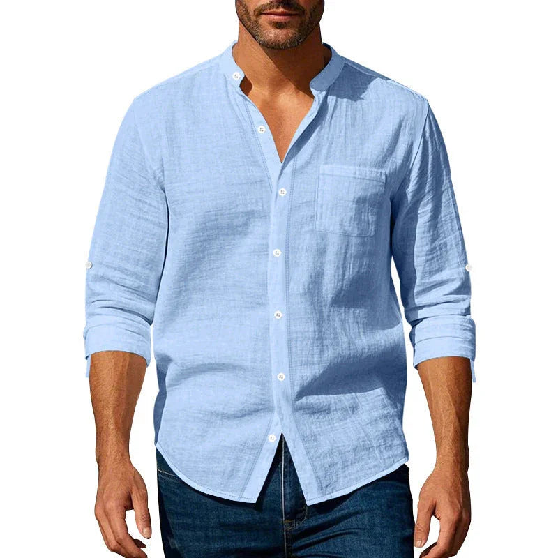 Long Sleeve Stand Collar Casual Men's Pocket Shirt - VAleG