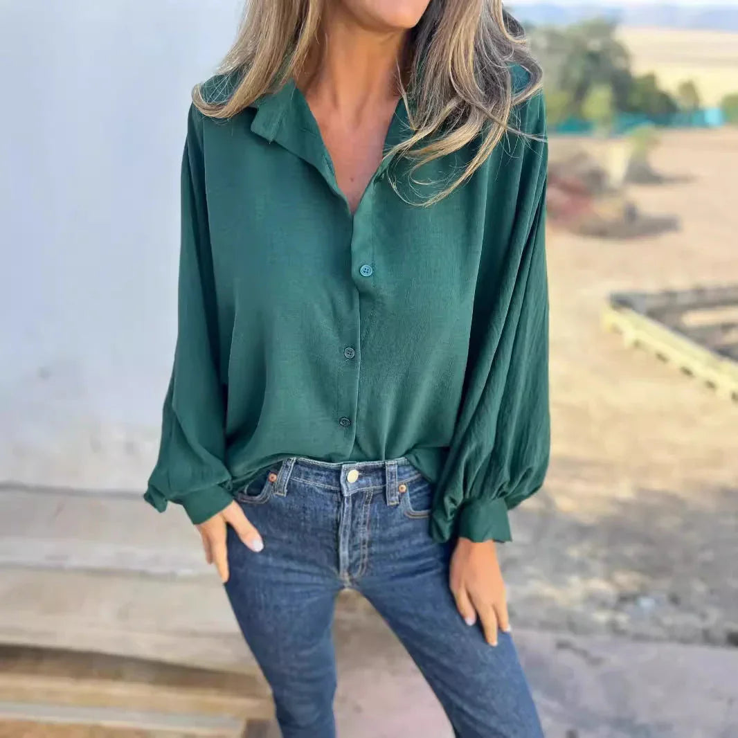 Women's Long-sleeved Lapel Button Shirt Top - VAleG