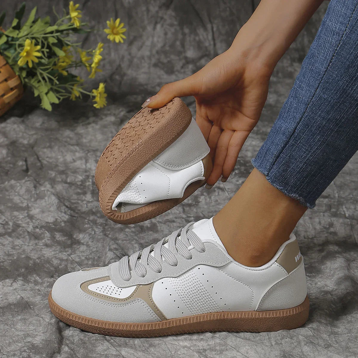 New Colorblock Lace-up Flats Shoes Fashion Breathable Hollow Slip On Casual Shoes For Women - VAleG